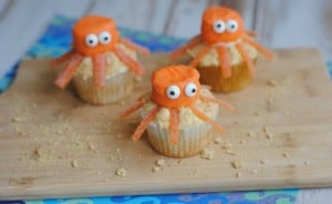 Our classic base cupcakes recipe is my favorite since it is so light, easy, and moist. The big part of this unique cupcake is the Octopus design. A few orange candy melts, some frosting, and of course, a marshmallow and candy for accents and you have a super easy and fun cupcake the kids will absolutely love. - Teaspoon Of Goodness