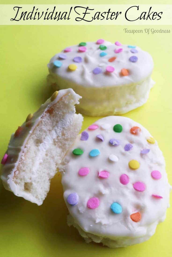 Individual Easter Cakes in white chocolate icing with sprinkles