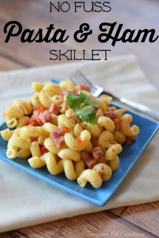 Quick Pasta & Ham Skillet that can be finished in 20 minutes. Perfect filling dinner for busy nights!