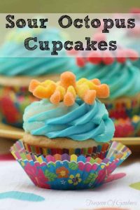 Sour Octopus cupcakes make the perfect fun treat for kids. These are perfect cupcakes for kids are always a hit with their bright colors and slightly sour additions.