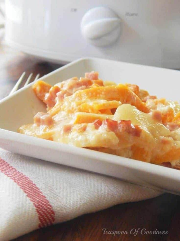 Everyone loves a good Crockpot recipe, and these Crockpot Ham & Cheese Potatoes are an excellent side dish or meal in themselves. - Teaspoon of Goodness