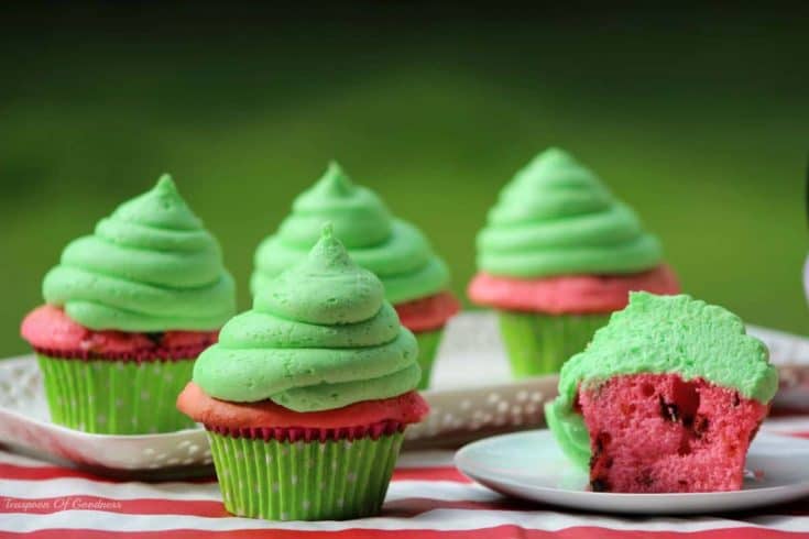 This Watermelon Cupcakes Recipe is sure to be a hit at your next barbecue or potluck event. There is nothing as classic in summer as fresh watermelon, unless of course it is a great watermelon cupcake that looks and tastes delicious. - Teaspoon Of Goodness