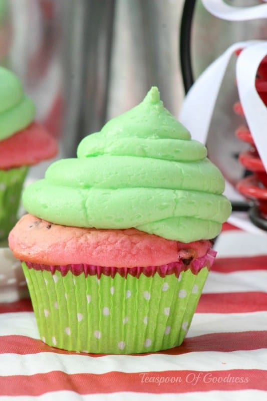 This Watermelon Cupcakes Recipe is sure to be a hit at your next barbecue or potluck event. There is nothing as classic in summer as fresh watermelon, unless of course it is a great watermelon cupcake that looks and tastes delicious. - Teaspoon Of Goodness