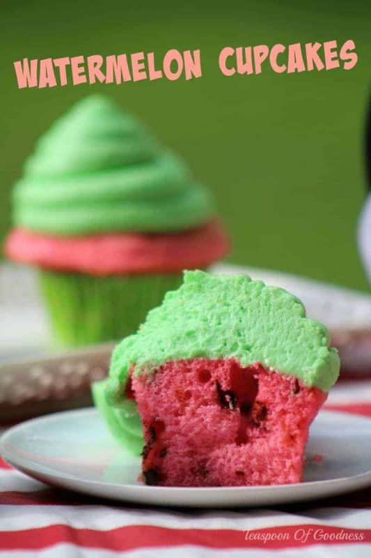 This Watermelon Cupcakes Recipe is sure to be a hit at your next barbecue or potluck event. There is nothing as classic in summer as fresh watermelon, unless of course it is a great watermelon cupcake that looks and tastes delicious. - Teaspoon Of Goodness