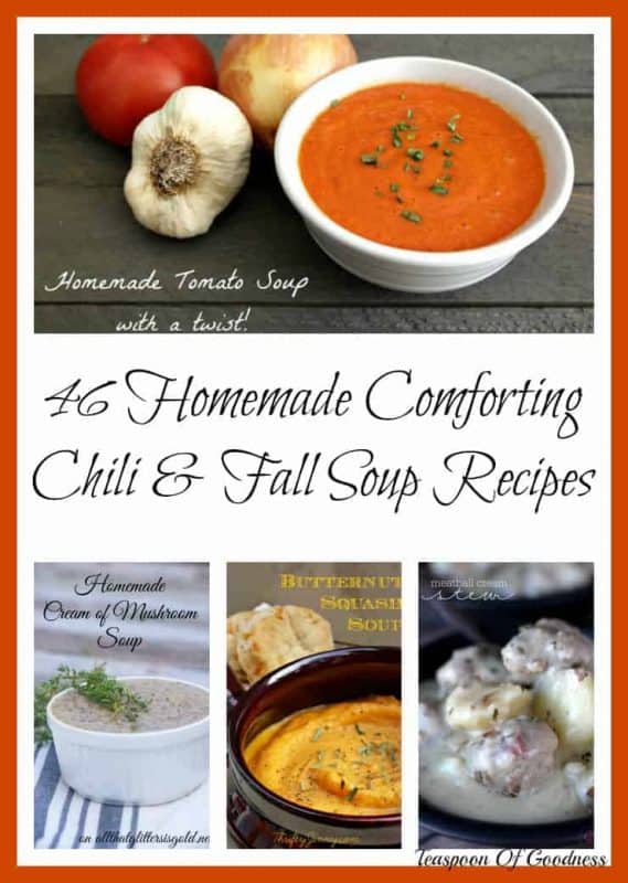 Looking for hearty chili and fall soup recipes? Here are 46 Homemade Comforting Chili & Fall Soup Recipes to enjoy as you watch the leaves fall! - Teaspoon Of Goodness