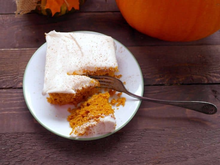 This pumpkin cake recipe with cream cheese frosting is going to fast become a favorite for you entire family during the pumpkin rich fall months. - Teaspoon Of Goodness