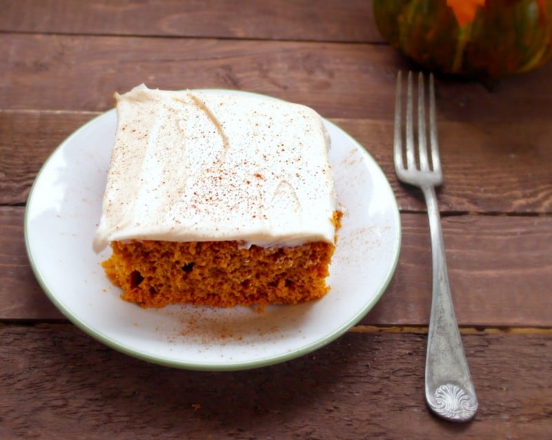 This pumpkin cake recipe with cream cheese frosting is going to fast become a favorite for you entire family during the pumpkin rich fall months. - Teaspoon Of Goodness