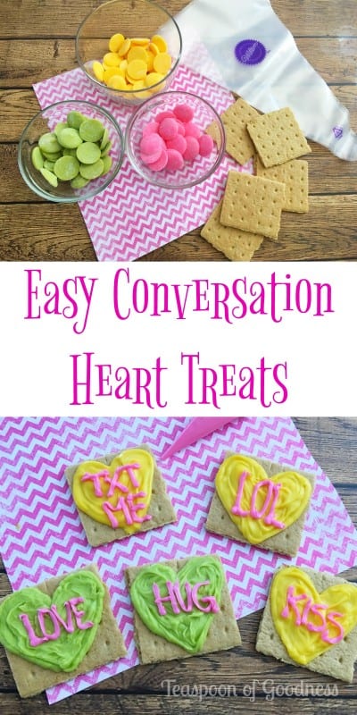 Everyone remembers the classic conversation heart candies from childhood, and now you can make this fun Valentine's Day recipe with graham crackers to resemble Conversation Hearts with your kids! - Teaspoon Of Goodness