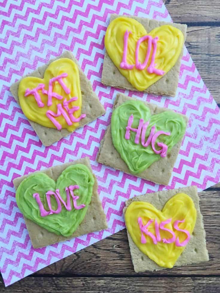 Conversation hearts made out of graham crackers and icing