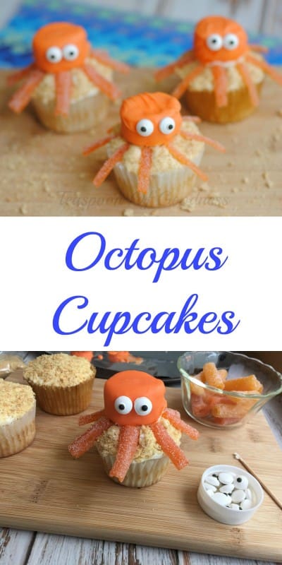 Our classic base cupcakes recipe is my favorite since it is so light, easy, and moist. The big part of this unique cupcake is the Octopus design. A few orange candy melts, some frosting, and of course, a marshmallow and candy for accents and you have a super easy and fun cupcake the kids will absolutely love. - Teaspoon Of Goodness