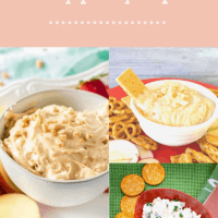 A collage with toffee dip, peanut butter dip and a crab dip as the photos.