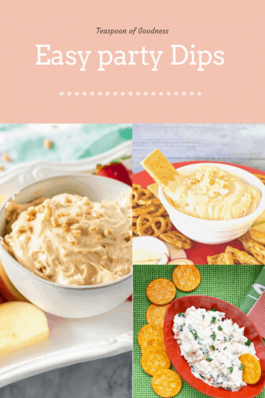 A collage with toffee dip, peanut butter dip and a crab dip as the photos.