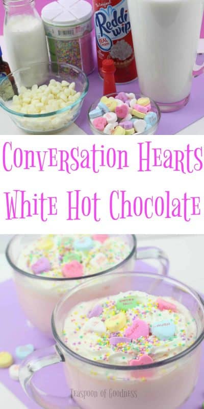 This Conversation Hearts Hot Chocolate Recipe is a great idea for a fun special Valentine's Day drink! - Teaspoon of Goodness