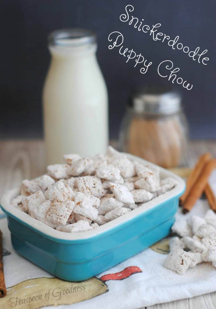 I love snack mixes for the kids and puppy chows or muddy buddies are no different. I was 8 when I made my first batch of puppy chow and really loved telling people I was feeding them a food made for puppies. My Snickerdoodle Puppy Chow Recipe is so much fun to make! - Teaspoon of Goodness