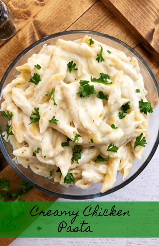 penne pasta tossed with a cheesy creamy white sauce