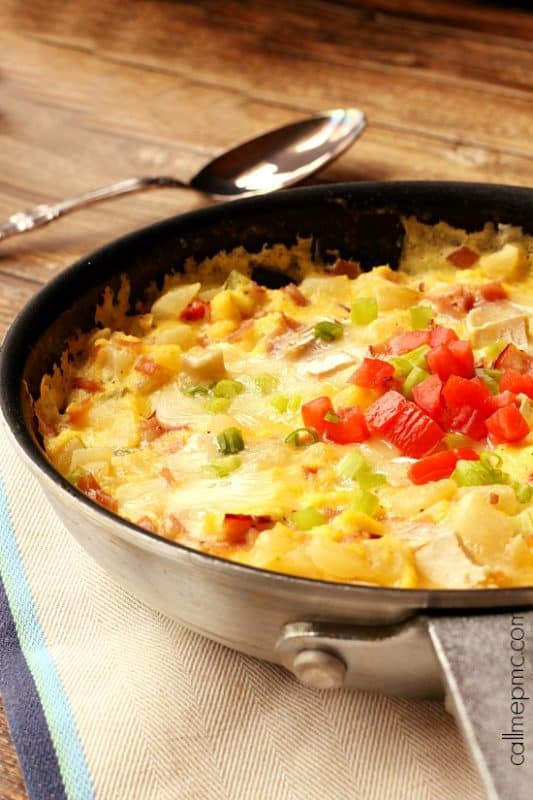 Ham Potato and Cheese Frittata in a skillet.