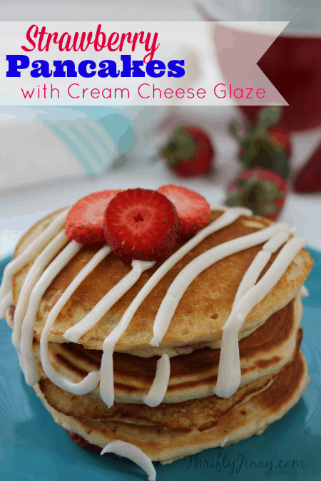 Strawberry Pancakes with-Cream Cheese Glaze Recipe on a blue plate for Mother's Day Breakfast. 