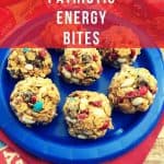 4th of July Energy bites with chocolate chips, m&m's and peanut butter on a blue plate.