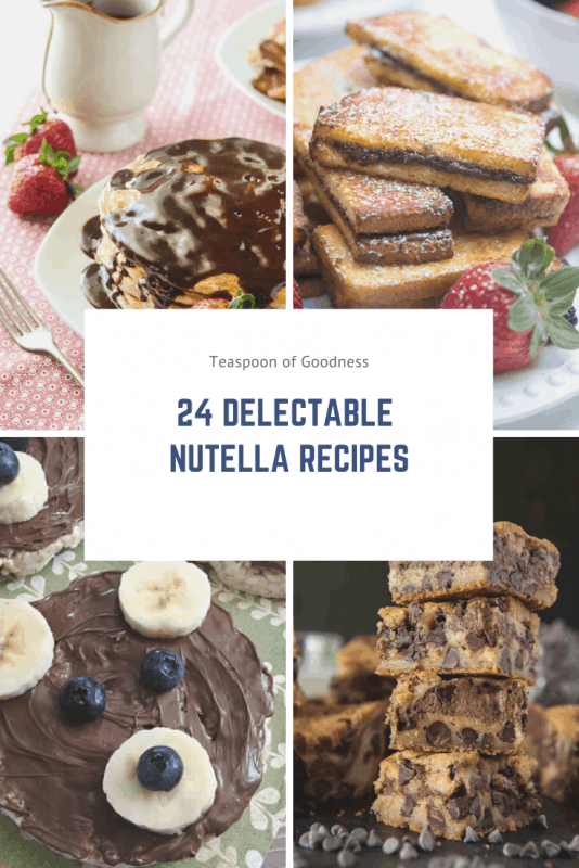 A collage photo with 24 Nutella recipes written on it and 4 photos of Nutella recipes. 