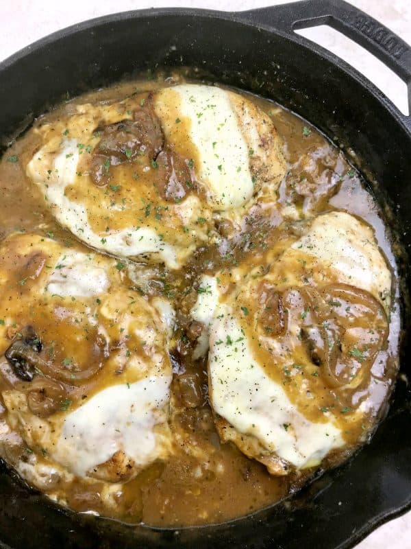 French Onion Chicken recipe in a cast iron skillet.