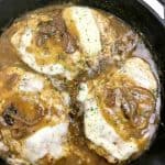 Easy french onion chicken skillet in a cast iron skillet.