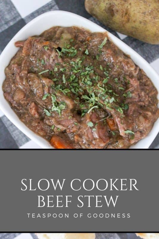 Slow cooker beef stew in a white bowl