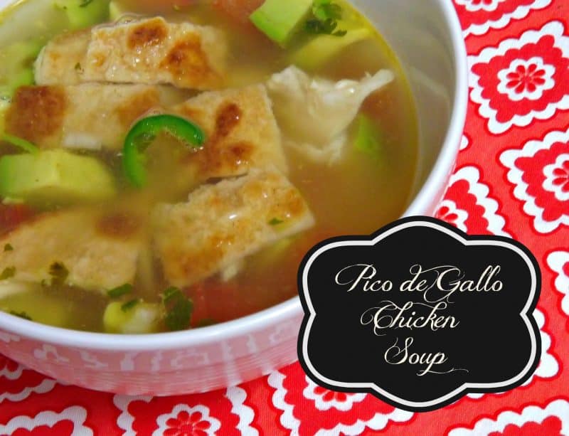 Chicken de Gallo Chicken Soup in a bowl with chunks of chicken and sliced jalapenos. 