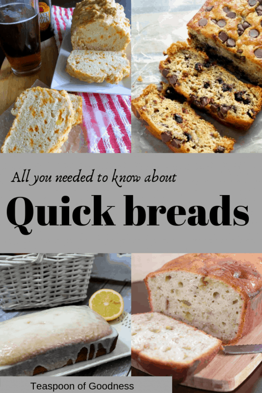 A graphic stating all you ever need to know about quick breads with a lemon bread, chocolate chip banana bread and a beer bread photo showing. 