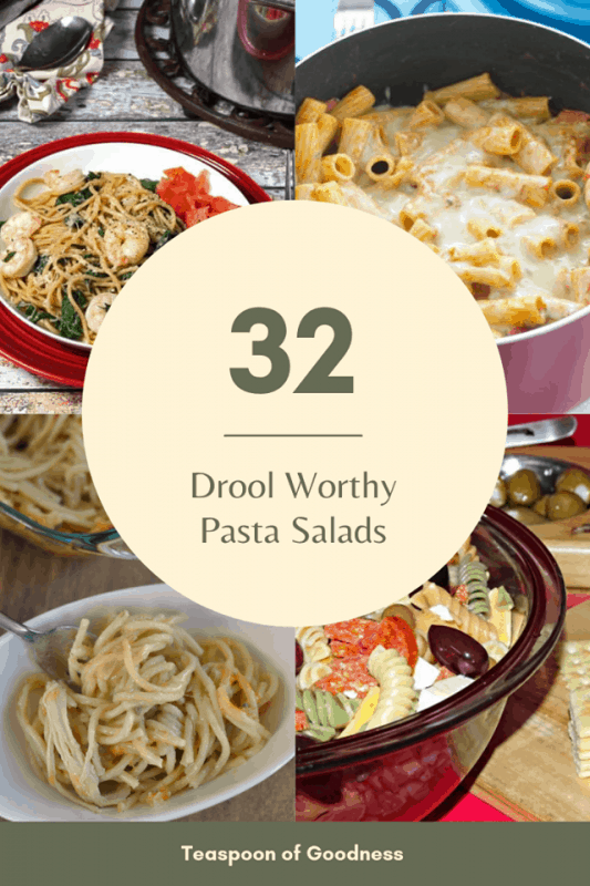 A photo collage with 4 different pasta salad recipes. 