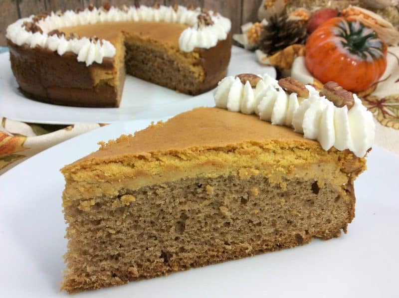 Spiced pumpkin cheesecake with whip cream on a white plate with a fall background setting. 