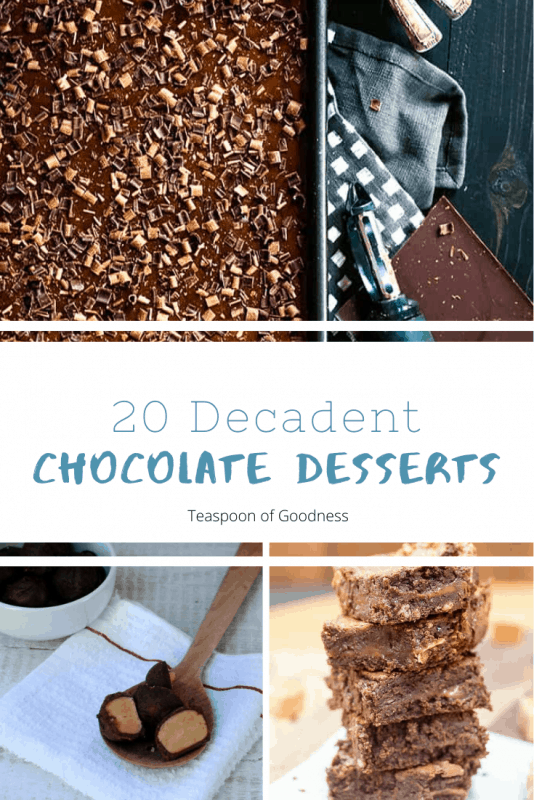 A collage photo depicting 20 chocolate desserts.